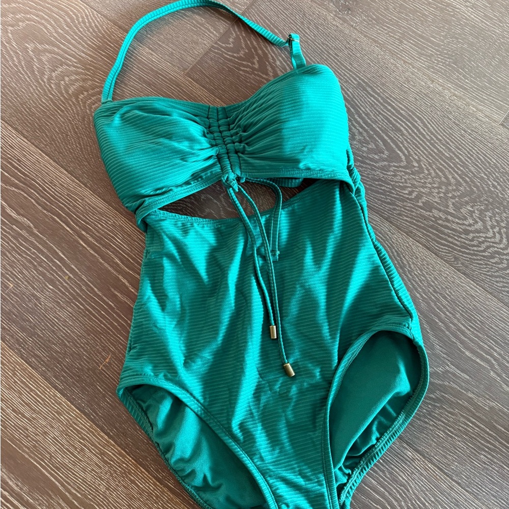 Women’s Green Ribbed One-Piece Swim Suit with Ruched Front Tie Key Hole